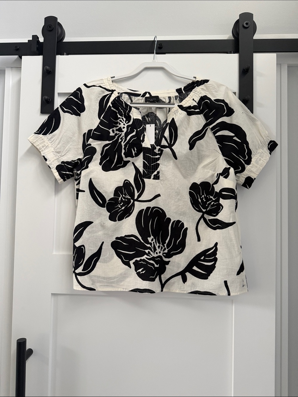Talbots Black and White Floral Short-Sleeve Blouse